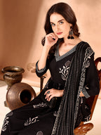 Embroidered & Ethnic Motifs Printed Flared Kurta With Pant & Dupatta, Black - Hiral Fashion - Distacart
