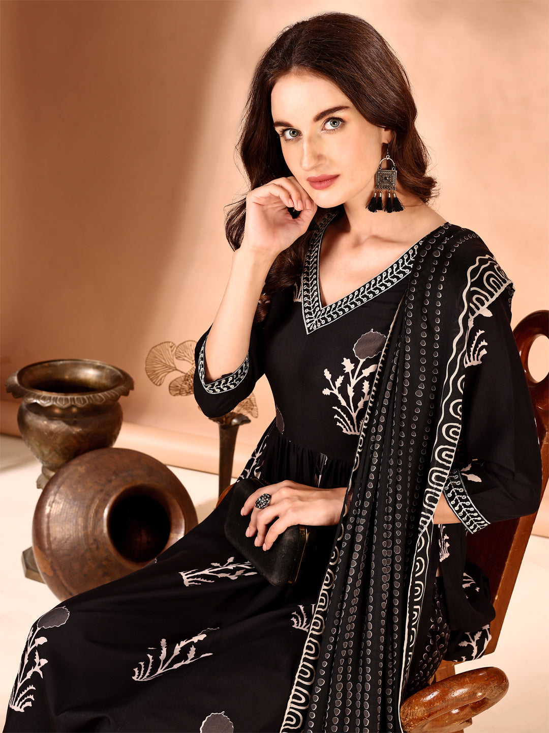 Embroidered & Ethnic Motifs Printed Flared Kurta With Pant & Dupatta, Black - Hiral Fashion - Distacart