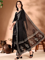 Embroidered & Ethnic Motifs Printed Flared Kurta With Pant & Dupatta, Black - Hiral Fashion - Distacart