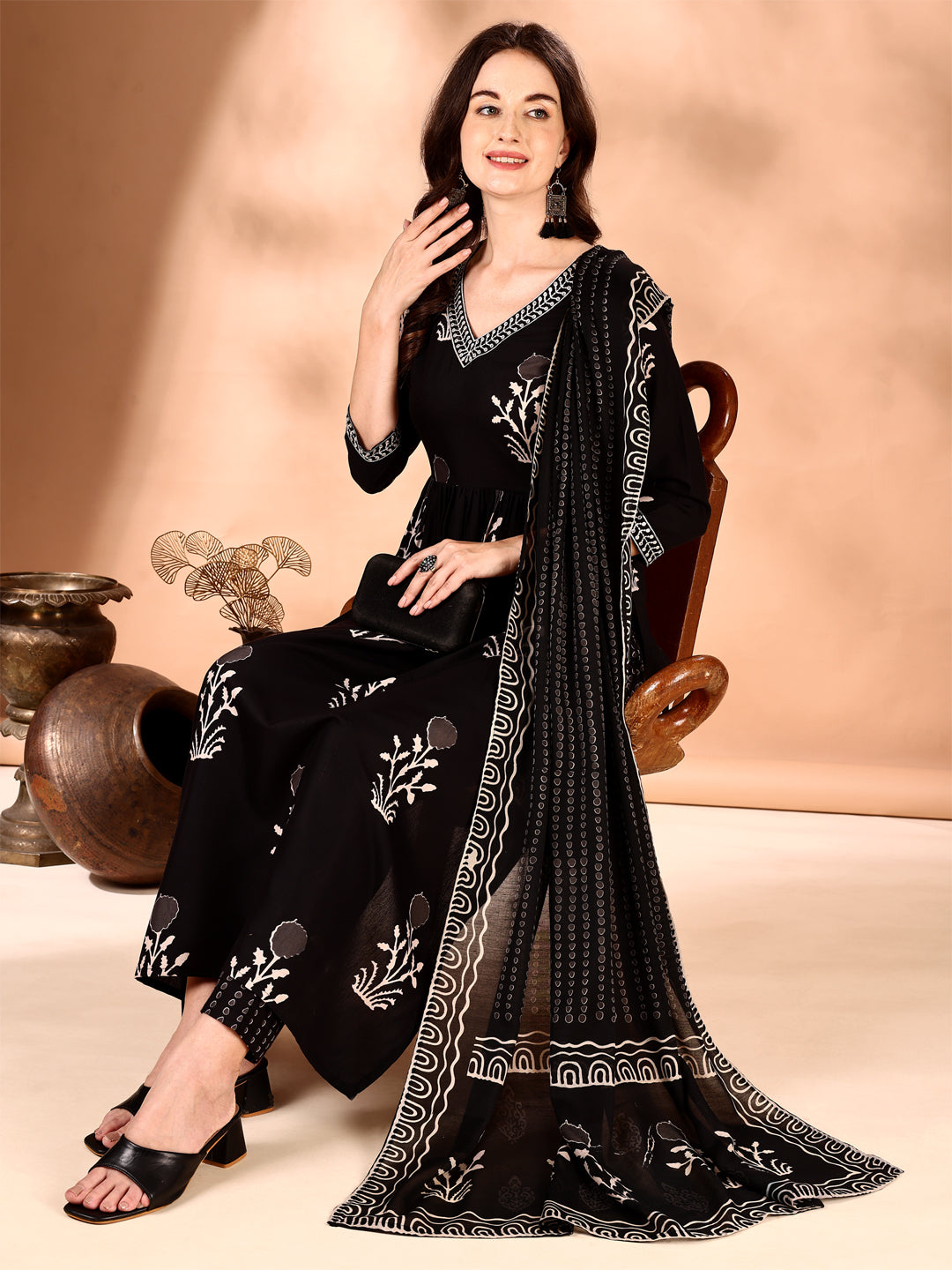 Embroidered & Ethnic Motifs Printed Flared Kurta With Pant & Dupatta, Black - Hiral Fashion - Distacart