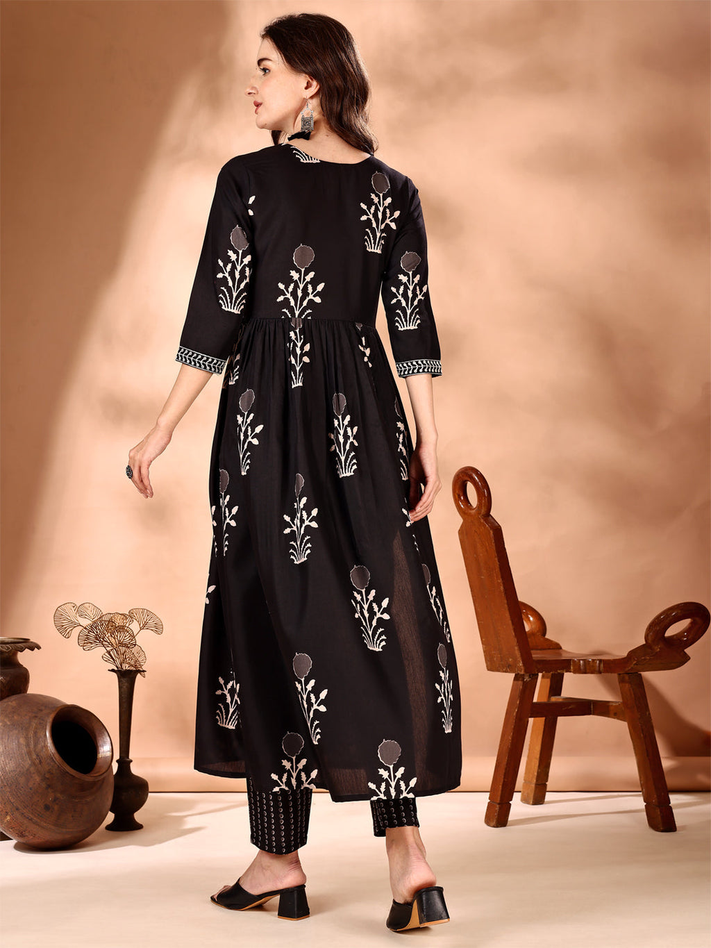 Embroidered & Ethnic Motifs Printed Flared Kurta With Pant & Dupatta, Black - Hiral Fashion - Distacart