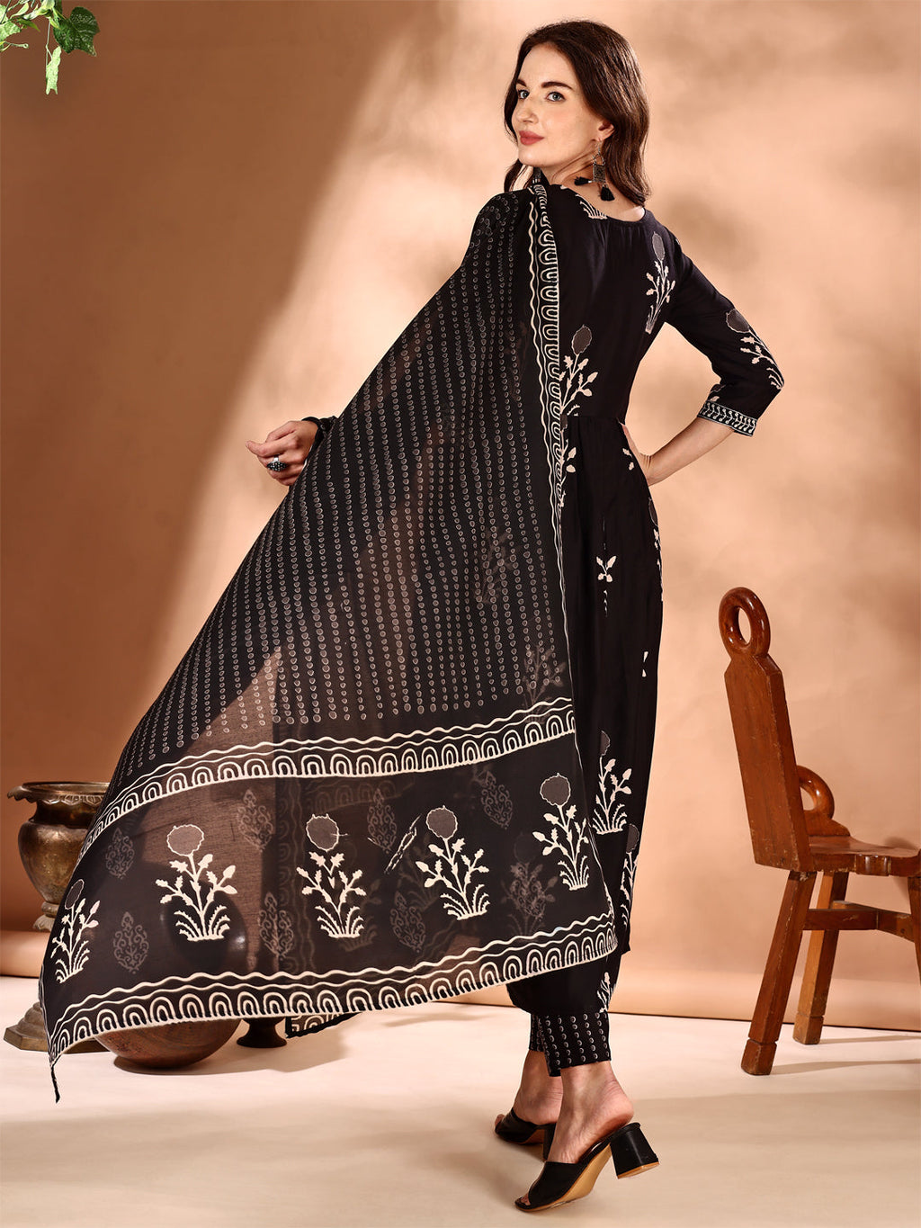 Embroidered & Ethnic Motifs Printed Flared Kurta With Pant & Dupatta, Black - Hiral Fashion - Distacart