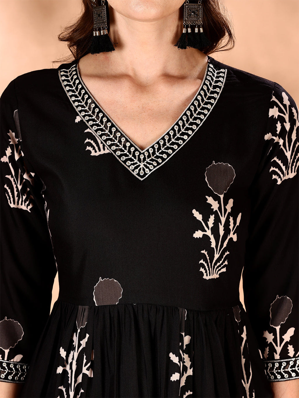 Embroidered & Ethnic Motifs Printed Flared Kurta With Pant & Dupatta, Black - Hiral Fashion - Distacart