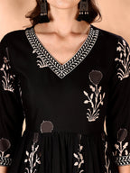 Embroidered & Ethnic Motifs Printed Flared Kurta With Pant & Dupatta, Black - Hiral Fashion - Distacart