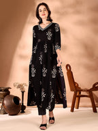 Embroidered & Ethnic Motifs Printed Flared Kurta With Pant & Dupatta, Black - Hiral Fashion - Distacart