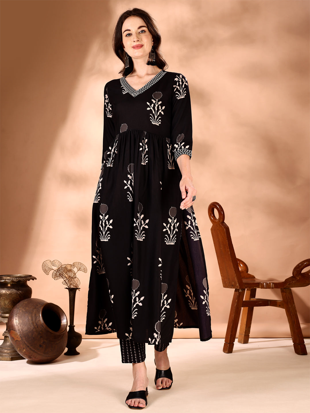 Embroidered & Ethnic Motifs Printed Flared Kurta With Pant & Dupatta, Black - Hiral Fashion - Distacart