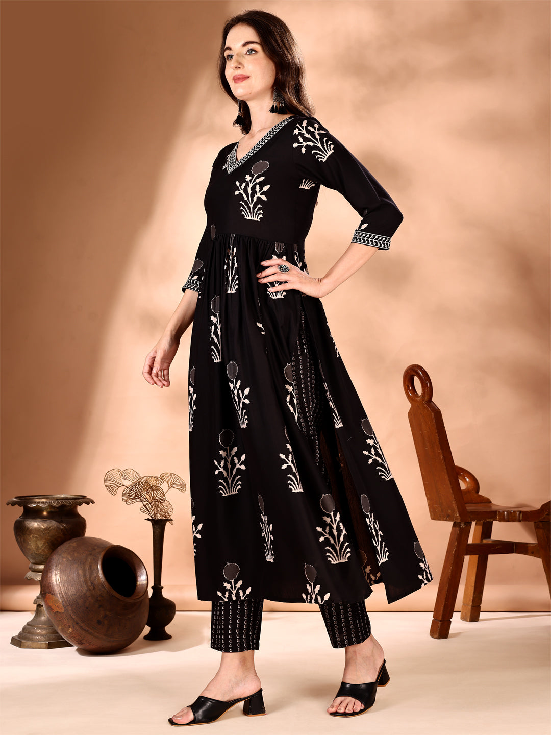 Embroidered & Ethnic Motifs Printed Flared Kurta With Pant & Dupatta, Black - Hiral Fashion - Distacart