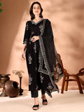 Embroidered & Ethnic Motifs Printed Flared Kurta With Pant & Dupatta, Black - Hiral Fashion - Distacart