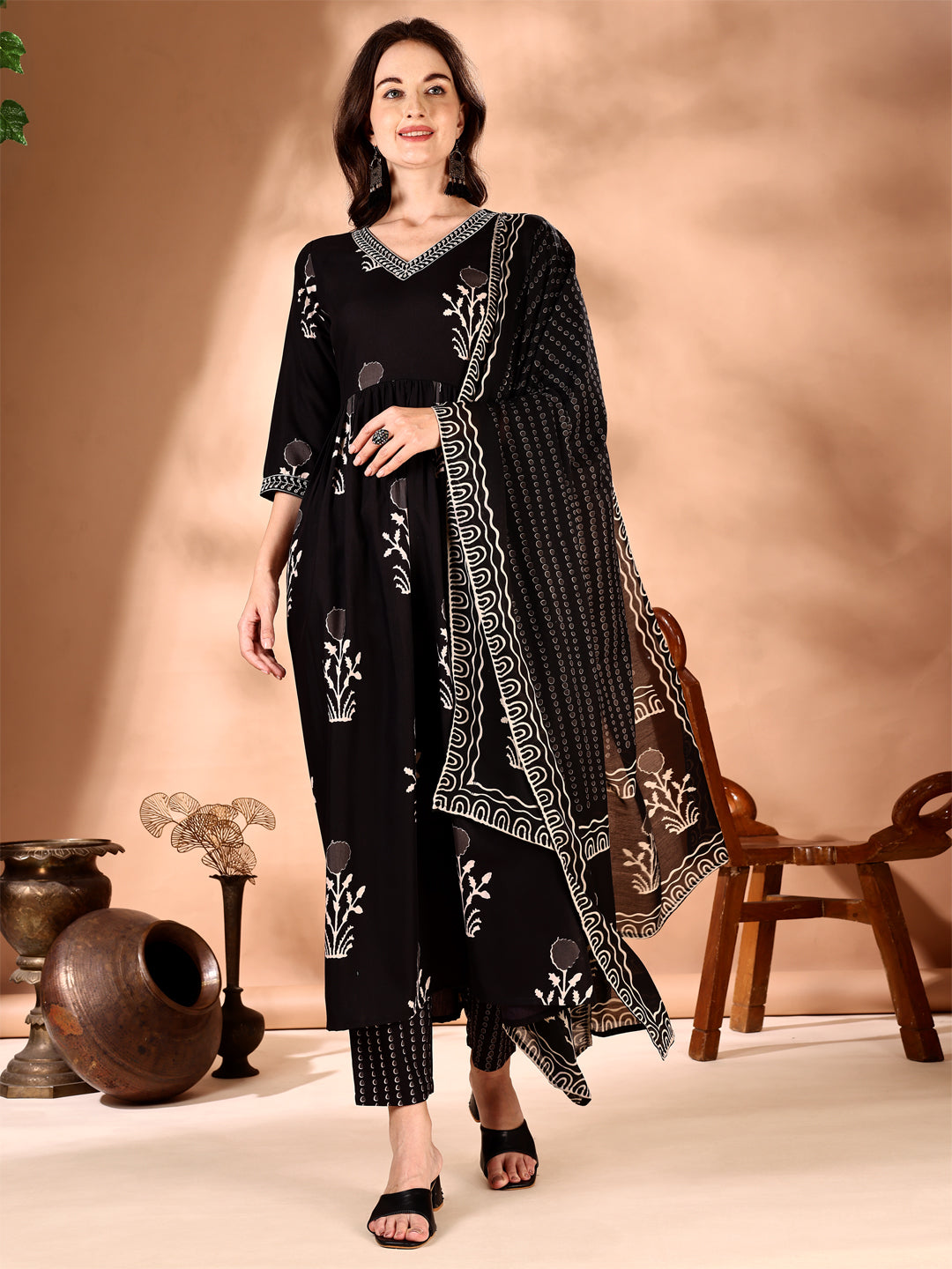 Embroidered & Ethnic Motifs Printed Flared Kurta With Pant & Dupatta, Black - Hiral Fashion - Distacart