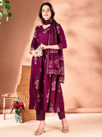 Embroidered & Ethnic Motifs Printed Flared Kurta With Pant & Dupatta, Purple - Hiral Fashion - Distacart