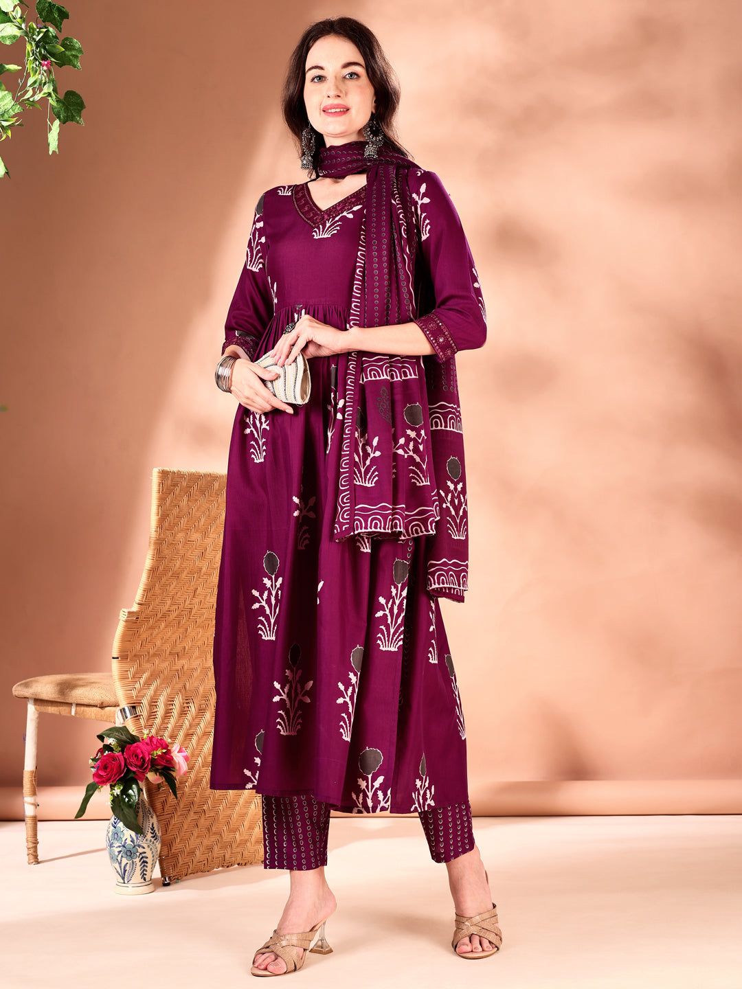 Embroidered & Ethnic Motifs Printed Flared Kurta With Pant & Dupatta, Purple - Hiral Fashion - Distacart