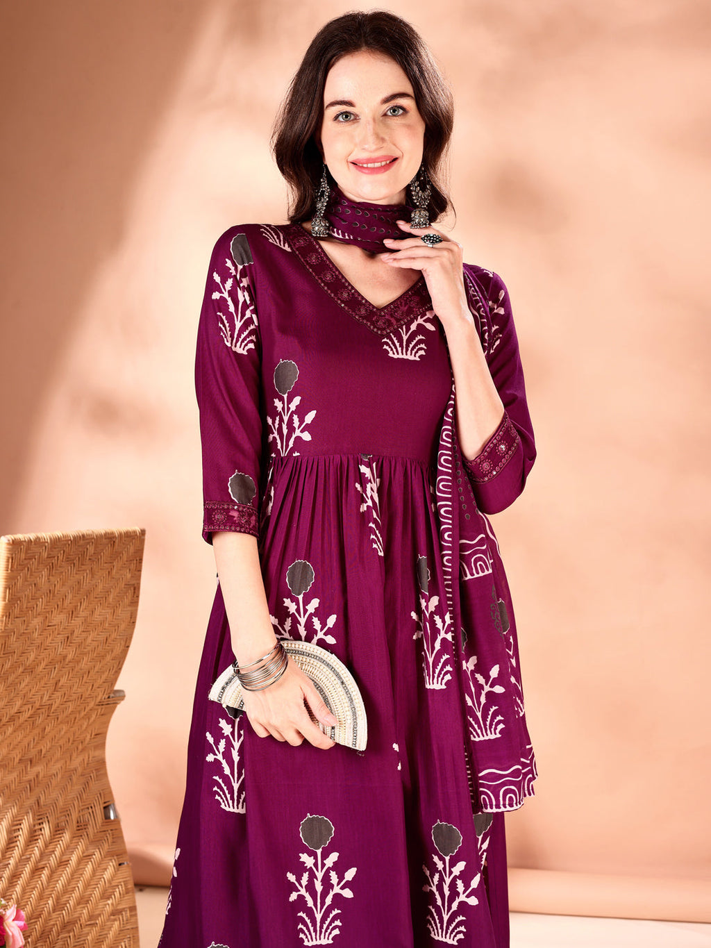 Embroidered & Ethnic Motifs Printed Flared Kurta With Pant & Dupatta, Purple - Hiral Fashion - Distacart