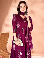 Embroidered & Ethnic Motifs Printed Flared Kurta With Pant & Dupatta, Purple - Hiral Fashion - Distacart