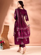 Embroidered & Ethnic Motifs Printed Flared Kurta With Pant & Dupatta, Purple - Hiral Fashion - Distacart