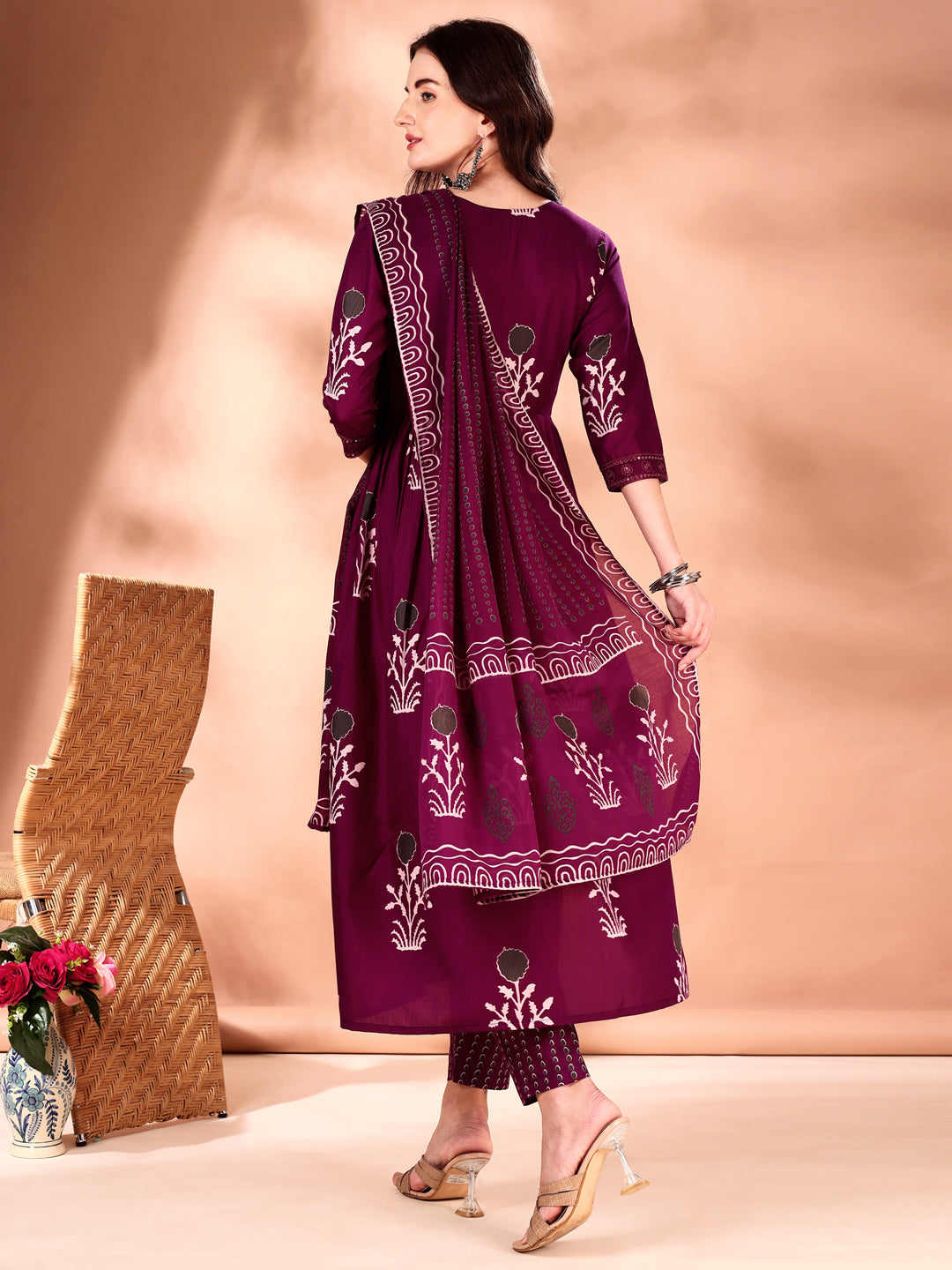 Embroidered & Ethnic Motifs Printed Flared Kurta With Pant & Dupatta, Purple - Hiral Fashion - Distacart