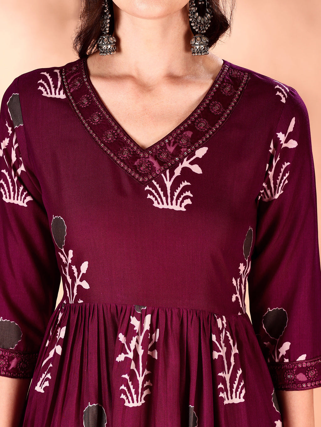 Embroidered & Ethnic Motifs Printed Flared Kurta With Pant & Dupatta, Purple - Hiral Fashion - Distacart