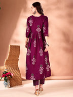 Embroidered & Ethnic Motifs Printed Flared Kurta With Pant & Dupatta, Purple - Hiral Fashion - Distacart