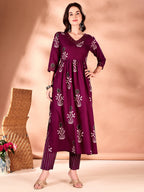 Embroidered & Ethnic Motifs Printed Flared Kurta With Pant & Dupatta, Purple - Hiral Fashion - Distacart