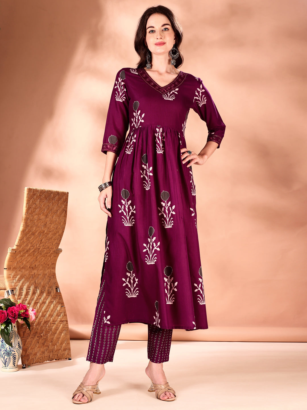 Embroidered & Ethnic Motifs Printed Flared Kurta With Pant & Dupatta, Purple - Hiral Fashion - Distacart