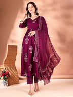Embroidered & Ethnic Motifs Printed Flared Kurta With Pant & Dupatta, Purple - Hiral Fashion - Distacart
