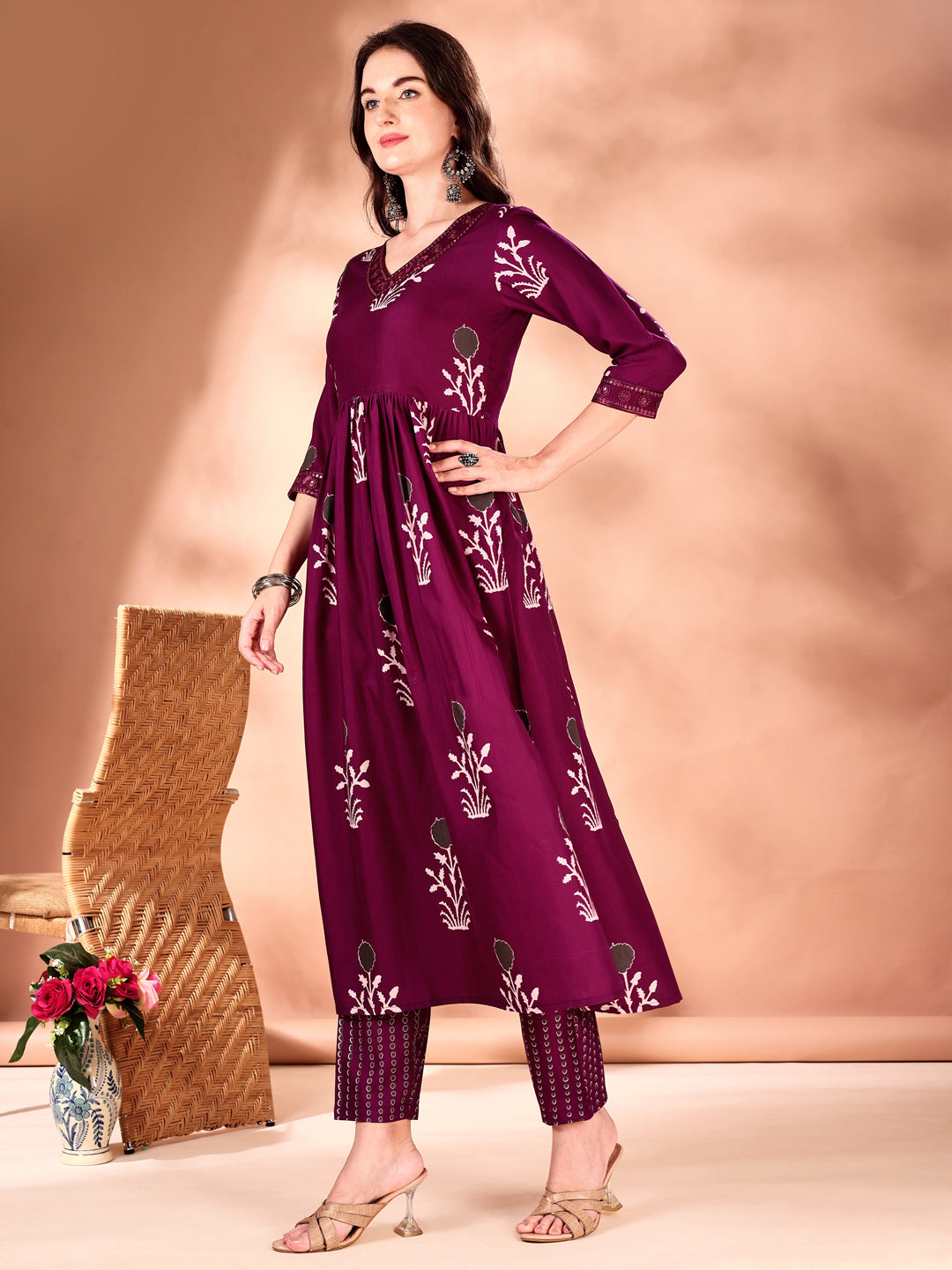 Embroidered & Ethnic Motifs Printed Flared Kurta With Pant & Dupatta, Purple - Hiral Fashion - Distacart