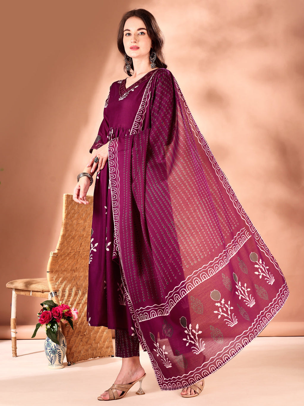 Embroidered & Ethnic Motifs Printed Flared Kurta With Pant & Dupatta, Purple - Hiral Fashion - Distacart