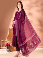 Embroidered & Ethnic Motifs Printed Flared Kurta With Pant & Dupatta, Purple - Hiral Fashion - Distacart