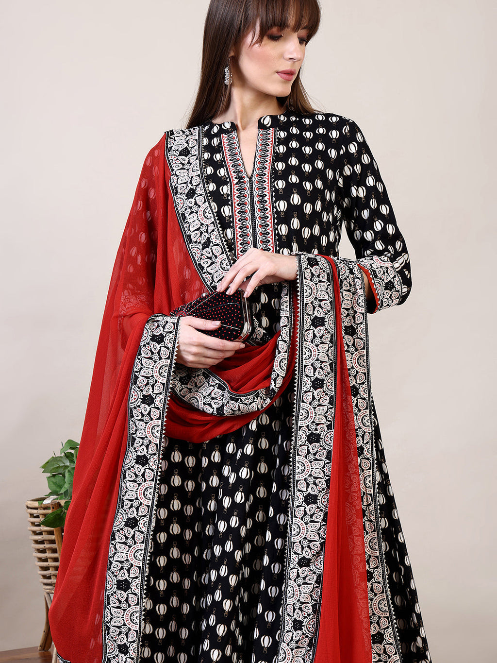 Khari Printed Anarkali Flared Kurta With Pant & Dupatta, Black - Hiral Fashion - Distacart
