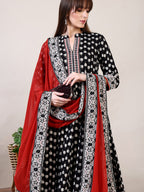 Khari Printed Anarkali Flared Kurta With Pant & Dupatta, Black - Hiral Fashion - Distacart
