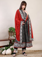 Khari Printed Anarkali Flared Kurta With Pant & Dupatta, Black - Hiral Fashion - Distacart