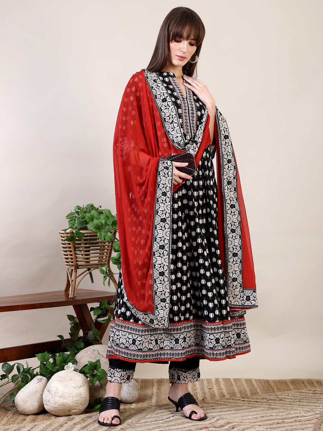 Khari Printed Anarkali Flared Kurta With Pant & Dupatta, Black - Hiral Fashion - Distacart