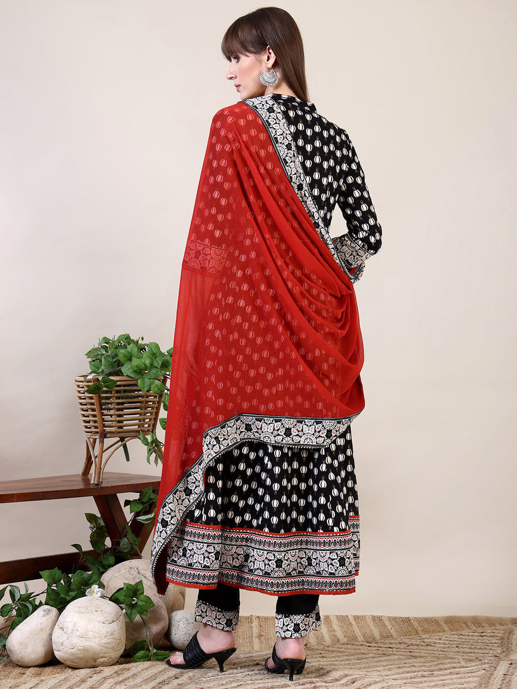 Khari Printed Anarkali Flared Kurta With Pant & Dupatta, Black - Hiral Fashion - Distacart