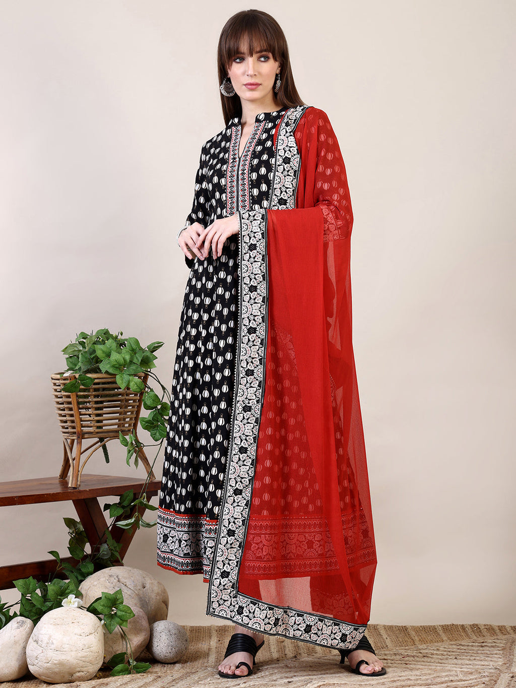 Khari Printed Anarkali Flared Kurta With Pant & Dupatta, Black - Hiral Fashion - Distacart