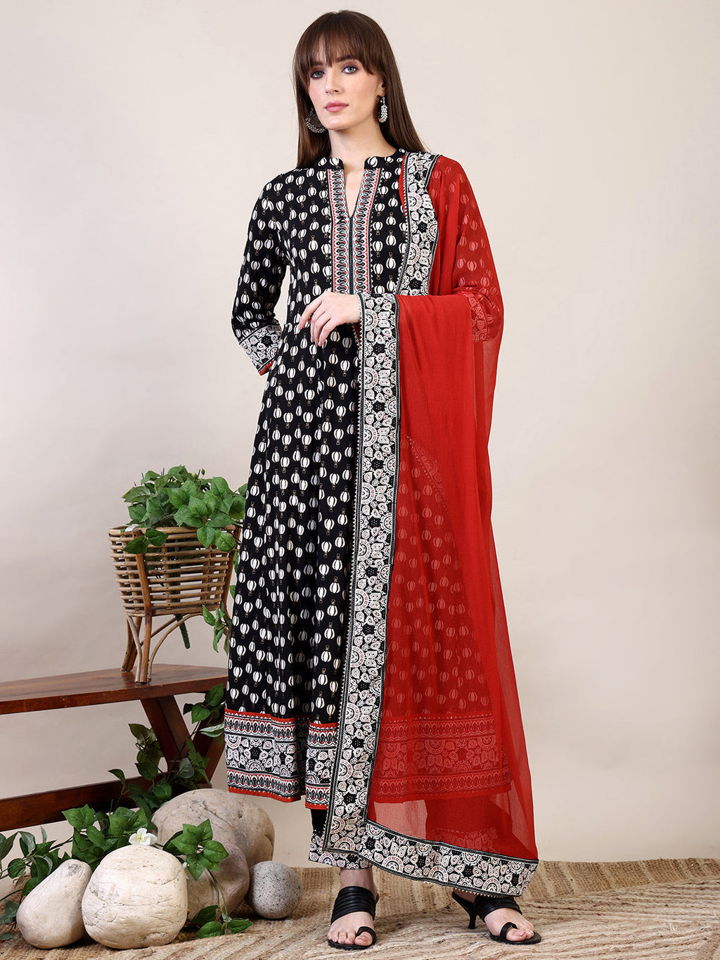 Khari Printed Anarkali Flared Kurta With Pant & Dupatta, Black - Hiral Fashion - Distacart