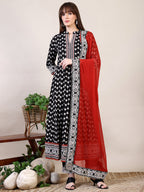Khari Printed Anarkali Flared Kurta With Pant & Dupatta, Black - Hiral Fashion - Distacart