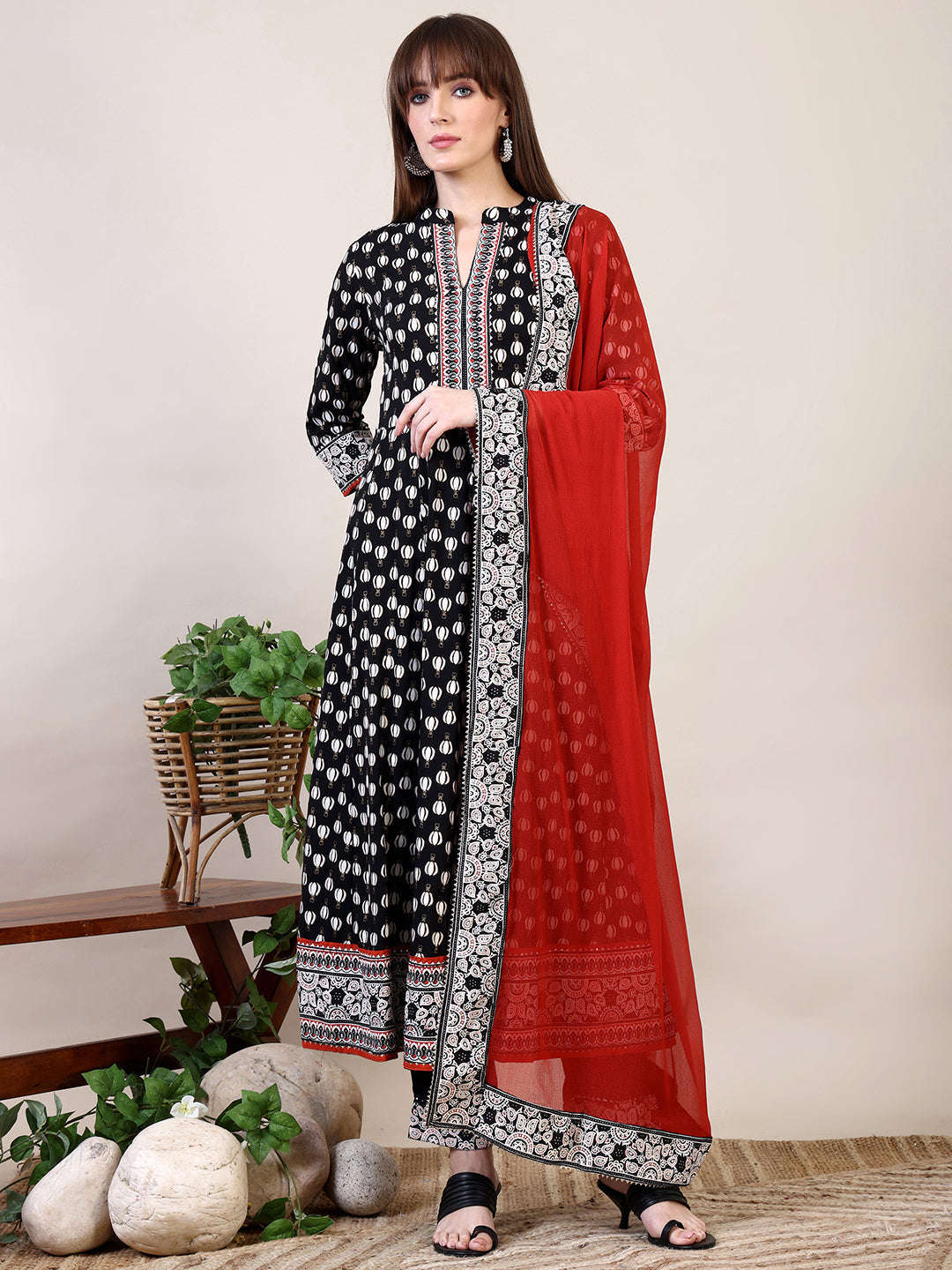 Khari Printed Anarkali Flared Kurta With Pant & Dupatta, Black - Hiral Fashion - Distacart