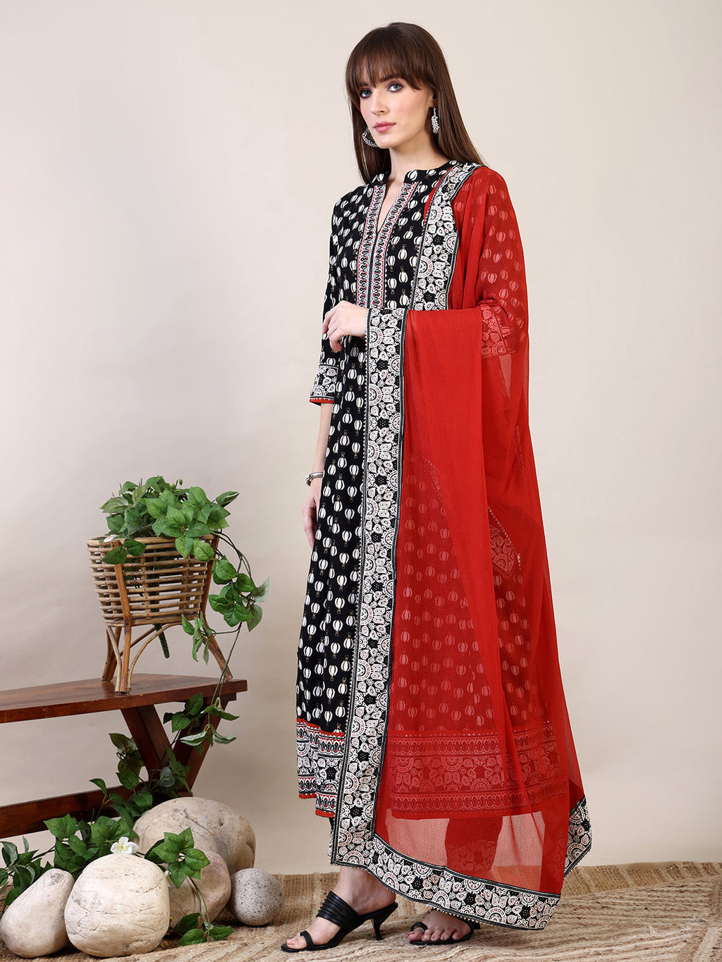 Khari Printed Anarkali Flared Kurta With Pant & Dupatta, Black - Hiral Fashion - Distacart