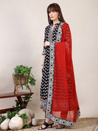 Khari Printed Anarkali Flared Kurta With Pant & Dupatta, Black - Hiral Fashion - Distacart