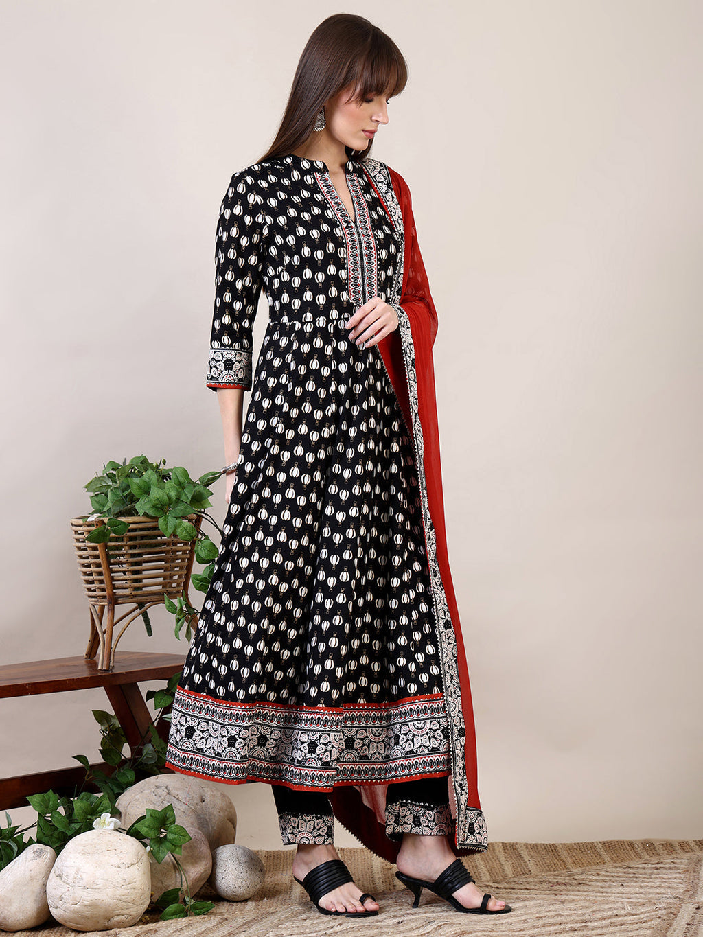 Khari Printed Anarkali Flared Kurta With Pant & Dupatta, Black - Hiral Fashion - Distacart