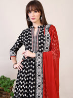 Khari Printed Anarkali Flared Kurta With Pant & Dupatta, Black - Hiral Fashion - Distacart