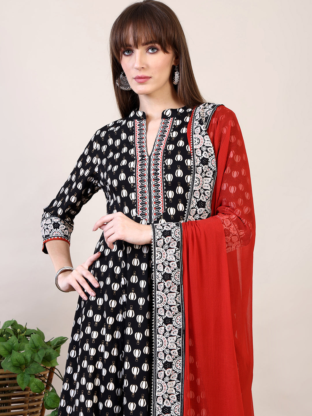 Khari Printed Anarkali Flared Kurta With Pant & Dupatta, Black - Hiral Fashion - Distacart