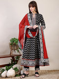 Khari Printed Anarkali Flared Kurta With Pant & Dupatta, Black - Hiral Fashion - Distacart