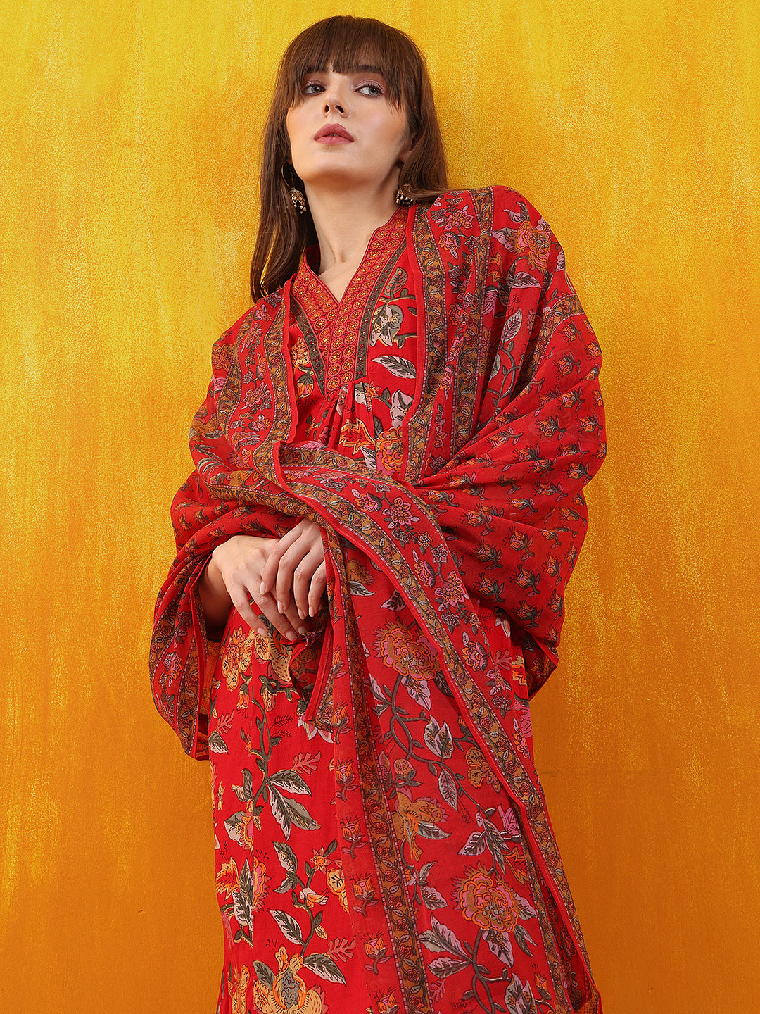 Floral Printed A-Line Flared Kurta With Palazzo & Dupatta, Red - Hiral Fashion - Distacart