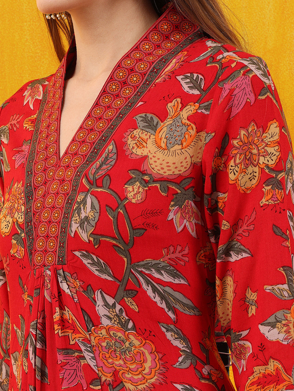 Floral Printed A-Line Flared Kurta With Palazzo & Dupatta, Red - Hiral Fashion - Distacart
