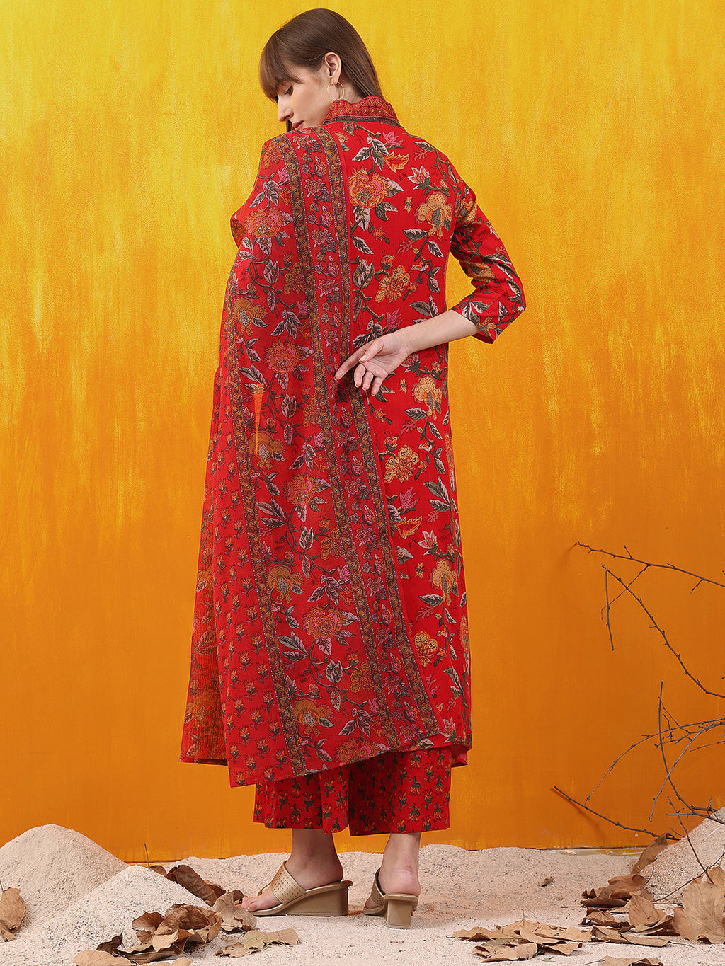 Floral Printed A-Line Flared Kurta With Palazzo & Dupatta, Red - Hiral Fashion - Distacart