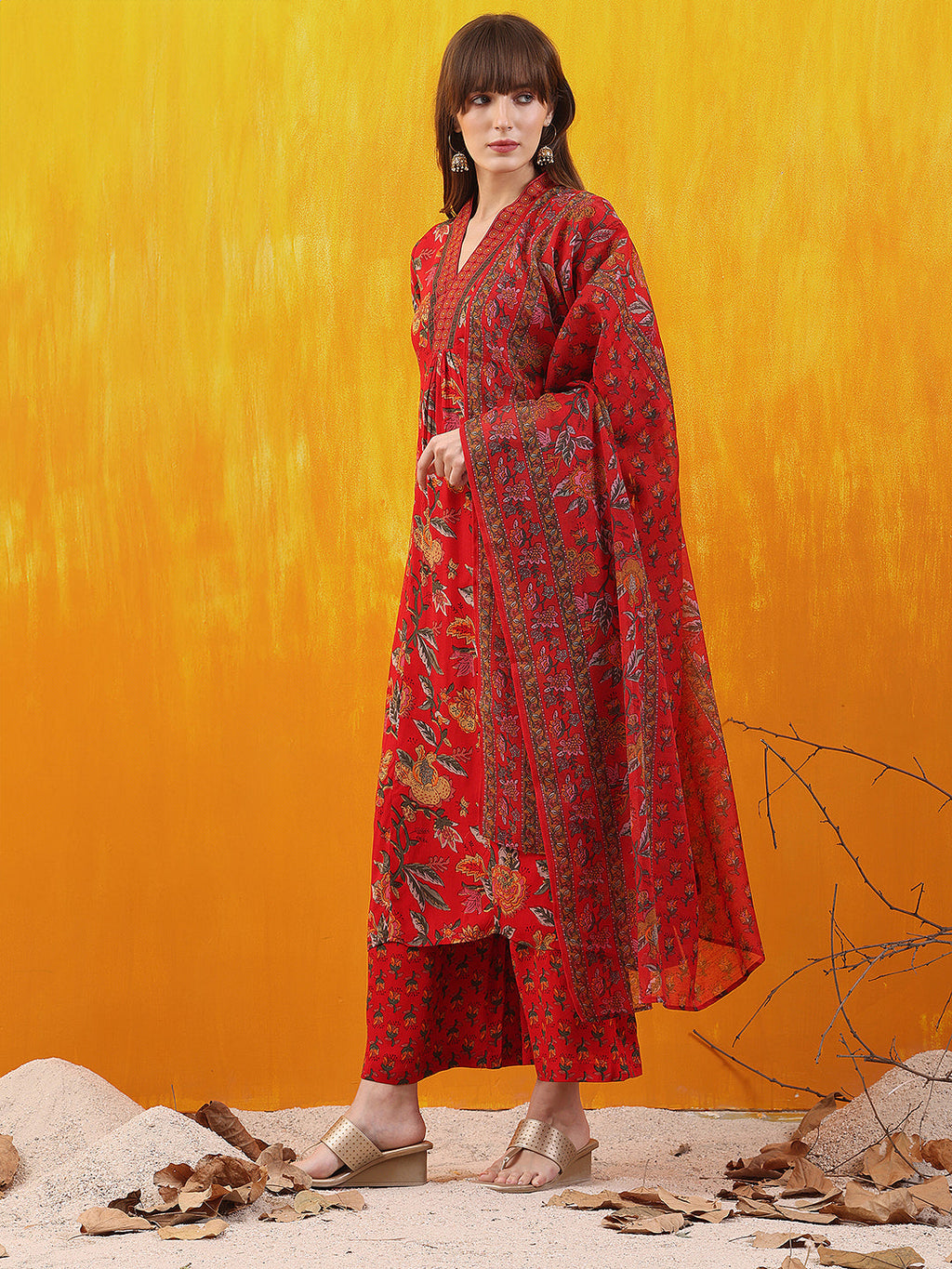 Floral Printed A-Line Flared Kurta With Palazzo & Dupatta, Red - Hiral Fashion - Distacart