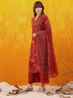 Floral Printed A-Line Flared Kurta With Palazzo & Dupatta, Red - Hiral Fashion - Distacart