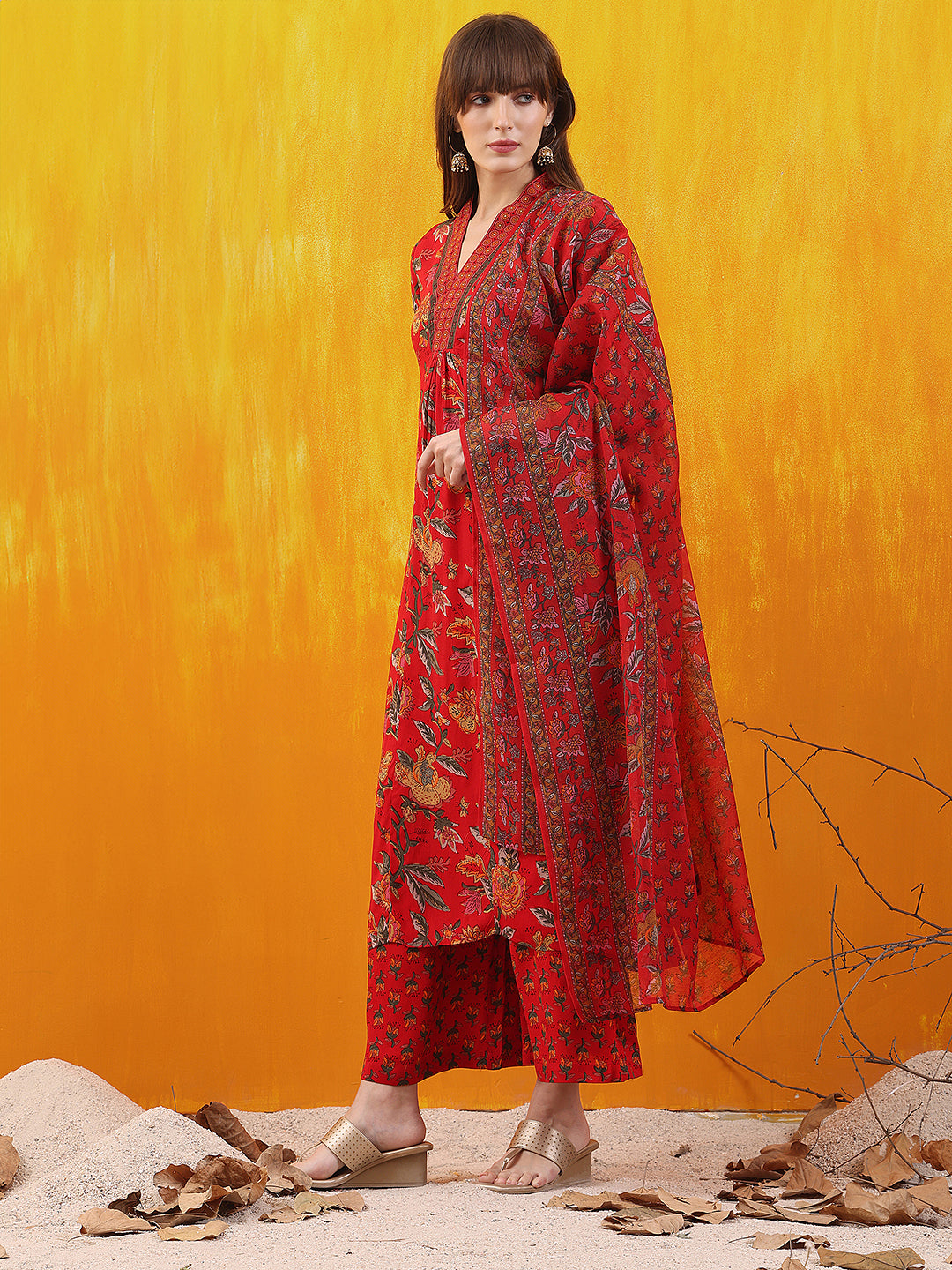 Floral Printed A-Line Flared Kurta With Palazzo & Dupatta, Red - Hiral Fashion - Distacart