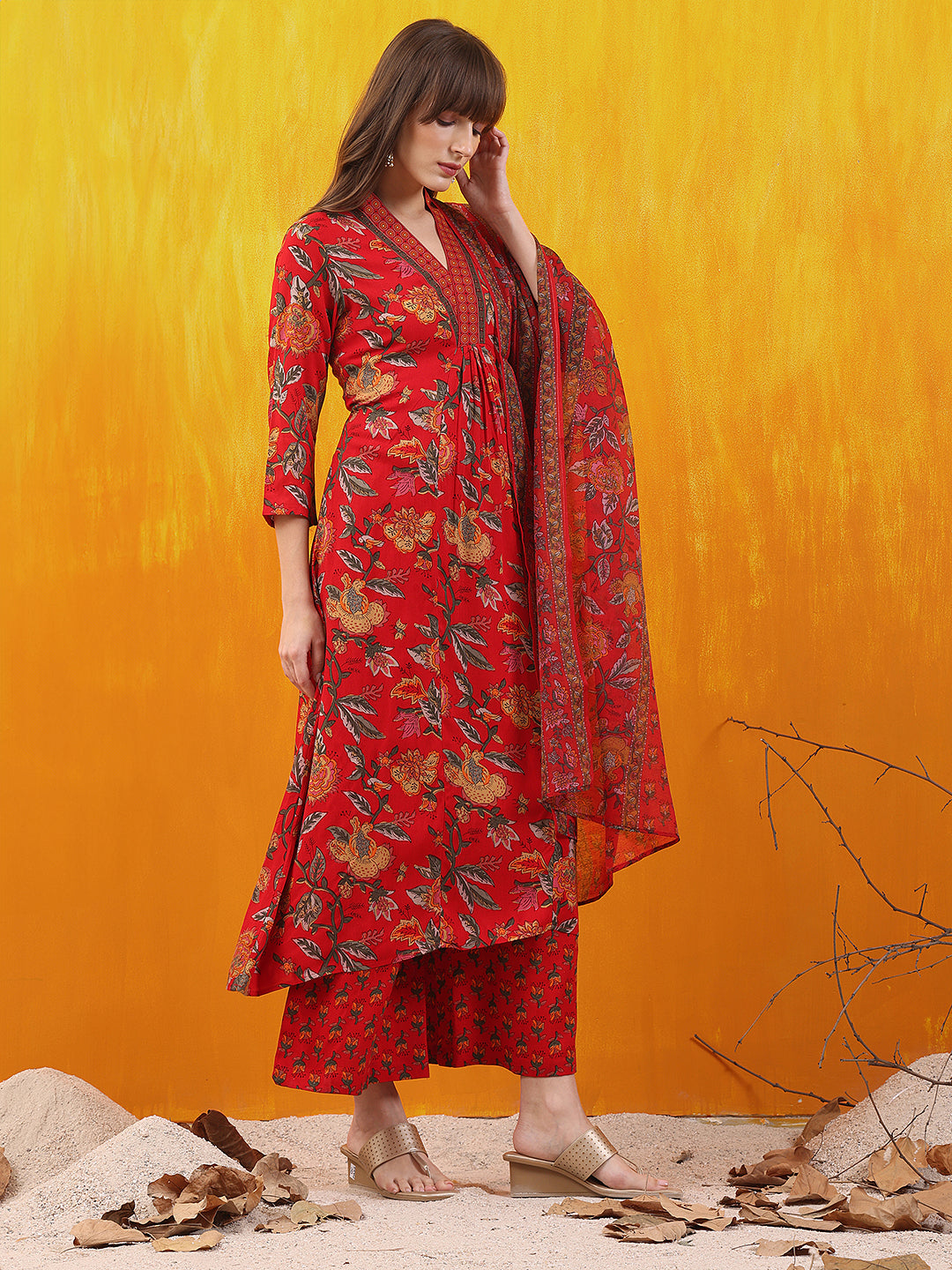 Floral Printed A-Line Flared Kurta With Palazzo & Dupatta, Red - Hiral Fashion - Distacart