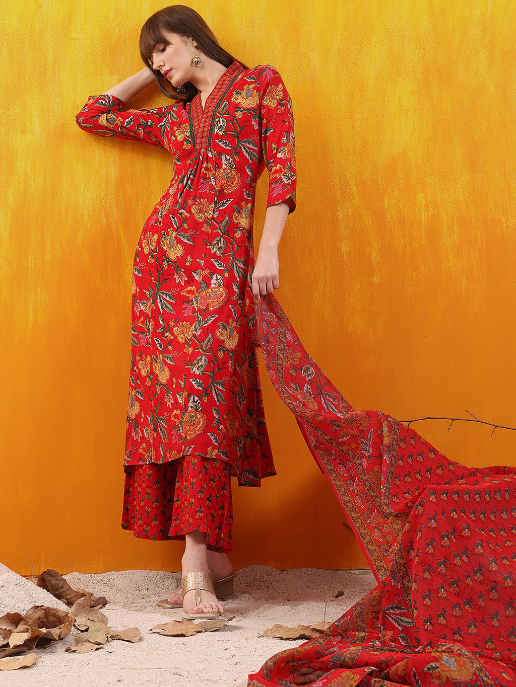 Floral Printed A-Line Flared Kurta With Palazzo & Dupatta, Red - Hiral Fashion - Distacart